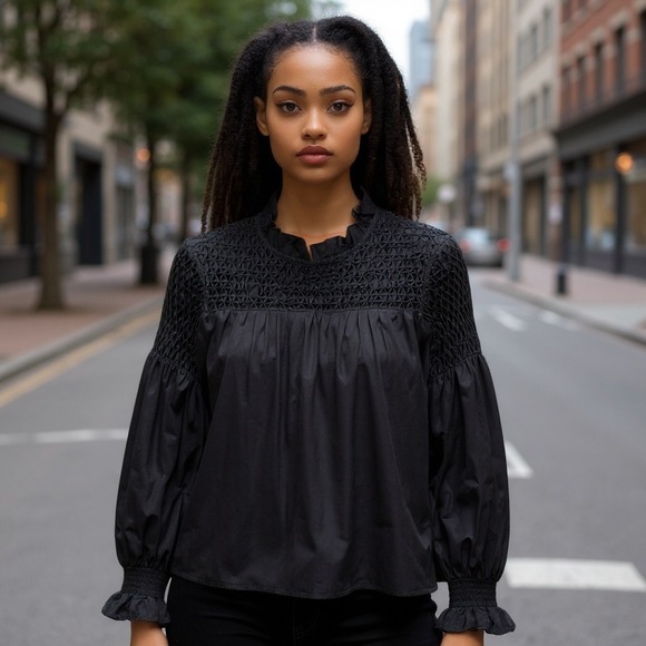 Maeve Anthropologie Blouse 6 Smocked Ruffle Neck Balloon Sleeve Black Cotton - Picture 1 of 12
